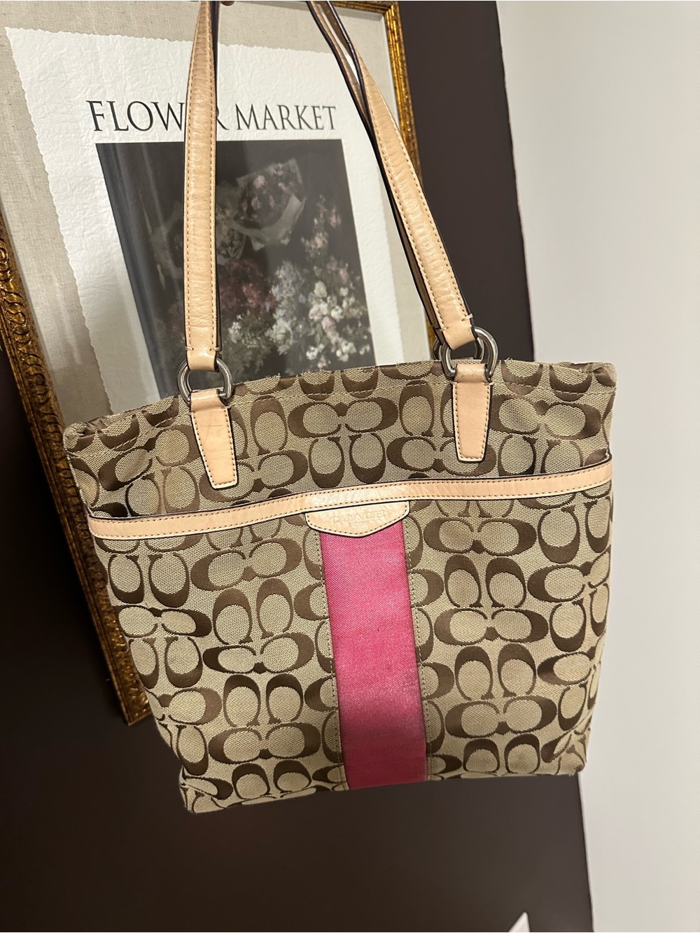 Coach Signature Stripe Tote F28504 Khaki Brown Pink Y2K Shoulder Bag